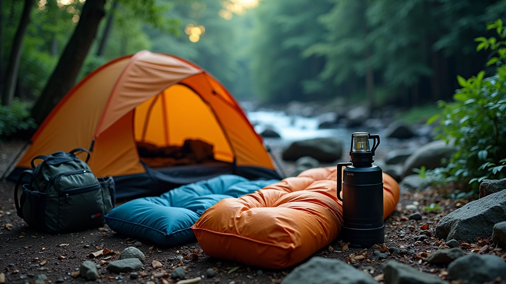 Equipamiento de camping organizado: tienda, mochila, saco de dormir, linterna y otros artículos esenciales
