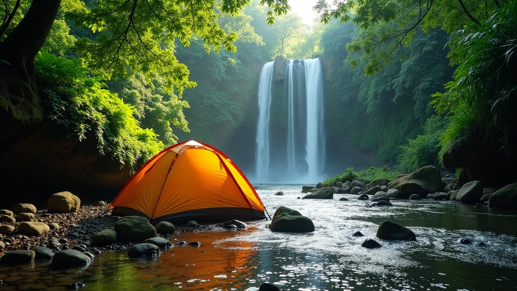 Campamento montado cerca de un arroyo cristalino rodeado de bosque tropical denso