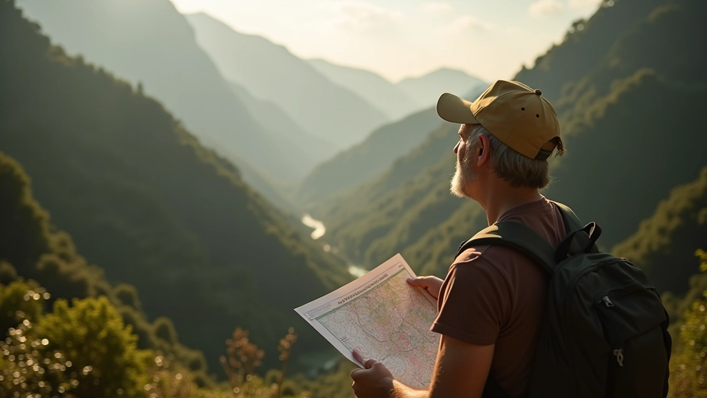 Senderista consultando mapa topográfico en un mirador con vista a la cordillera